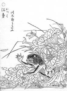 Lámina del kappa dibujada por Sekien Toriyama en El desfile nocturno de cientos de demonios, la misma criatura que reconoces en el anime